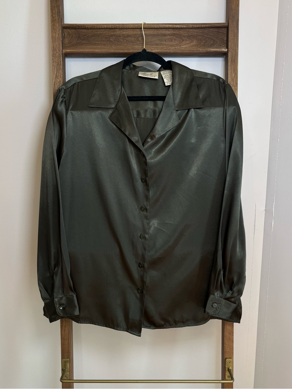 Kathie Lee Collection Olive Green Satin Button-Up Blouse